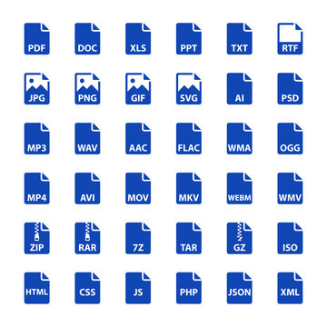 Set of file format and document vector flat icons collection. Icons for various types of documents, images, audio, video, archive, and code files for digital media and technology.