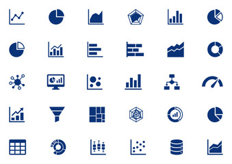Set of data analysis, chart, and graph vector flat icons collection. Icons for business, finance, statistics, reporting, and information visualization concepts.