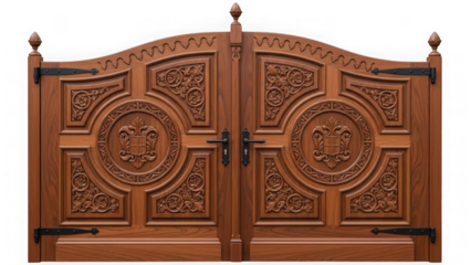 Ornate carved wooden gates with intricate patterns and handles