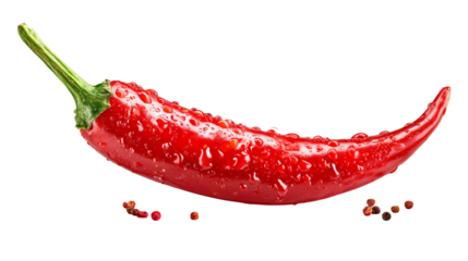 Vibrant red chili pepper glistening with fresh water droplets, a spicy culinary ingredient that brings bold flavor to your next delicious recipe
