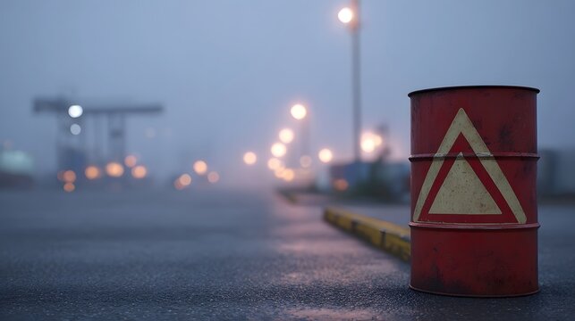 A weathered red industrial barrel with a hazard warning symbol sits on a wet asphalt road in foggy twilight