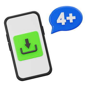 3D render of smartphone with green download button and 4+ rating bubble for app store concept