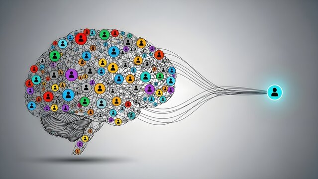 Conceptual illustration of a collective consciousness, with a brain formed by a social network of people connecting to one individual.