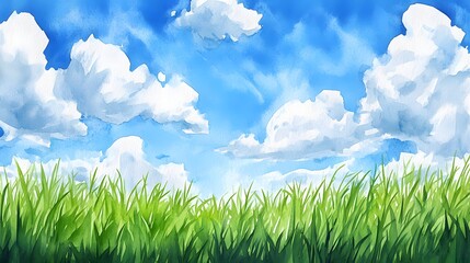 Vibrant green grass meets a bright blue sky filled with white clouds rendered in a watercolor style