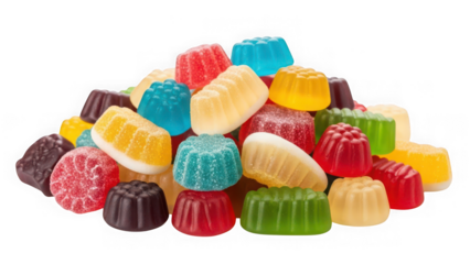 Colorful assorted fruit jelly gummy candies pile, sweet treat