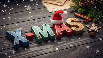 Festive Christmas background with X-MAS letters, Santa hat, and seasonal decorations on a dark wooden table.