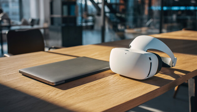 Virtual reality headset and laptop on a wooden table