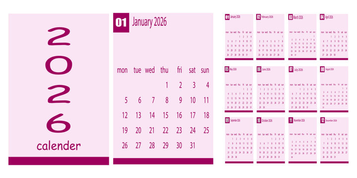 Calendar for year 2026 in purple color vector design template