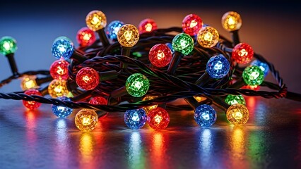 A tangled string of glowing, multi-colored Christmas fairy lights on a reflective surface.