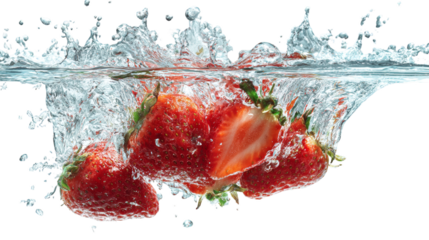 Fresh strawberries splash into crystal clear water, creating dynamic ripples and vibrant energy for healthy eating and summer refreshment promotion