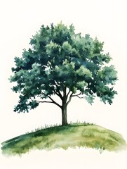 Watercolor painting depicts a solitary, mature deciduous tree situated atop a grassy hill against a white background.