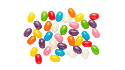 Colorful scattered jelly beans candy isolated, sweet sugary snack