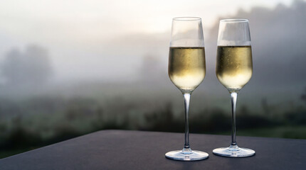 Flutes of champagne to welcome the new year, in a cloudy environment. Free space for text