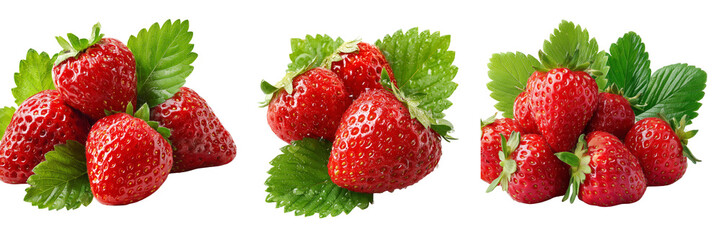 Set of A pile of juicy red strawberries placed together with bright highlights on transparent png background. Ai generated