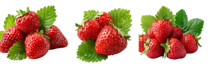 Set of A pile of juicy red strawberries placed together with bright highlights on transparent png background. Ai generated