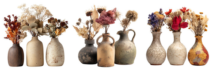 Set of A handmade rustic vase with natural imperfections and fine crackle glazing on transparent png background. Ai generated