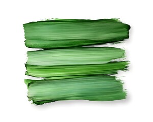 Three horizontal strokes of vibrant green pigment are displayed against a stark white background