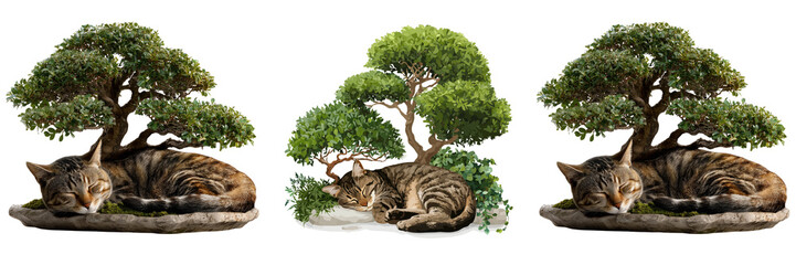 Set of Cute gray cat lying under a tree relaxed and calm on transparent png background. Ai generated