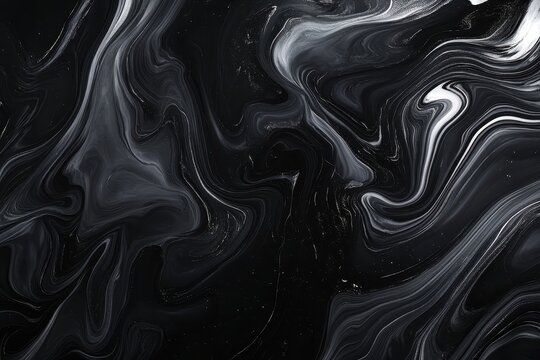 Dark black and grey background with swirling marble effect pattern using liquify and dark shiny gradient. Vector has copy space with room for text and ...