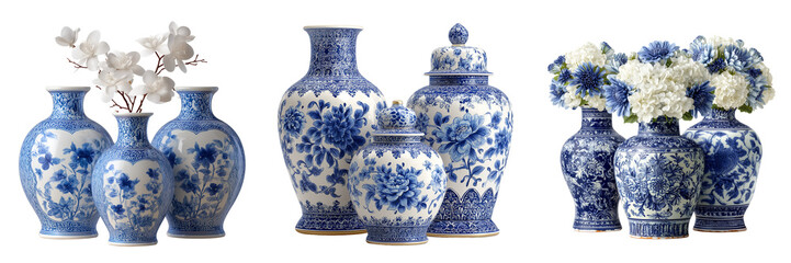 Set of Elegant blue and white porcelain vase with classic floral motifs on transparent png background. Ai generated