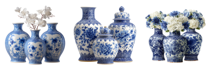 Set of Elegant blue and white porcelain vase with classic floral motifs on transparent png background. Ai generated