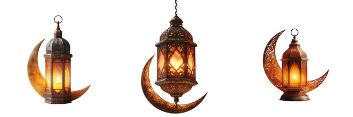 Set of Elegant golden crescent moon standing upright next to an illuminated Ramadan lantern on transparent png background. Ai generated