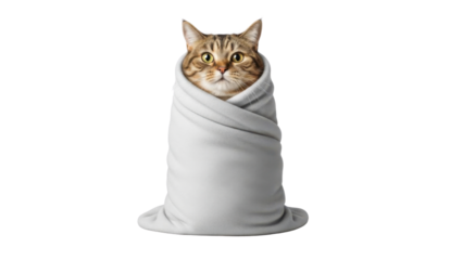 Tabby cat wrapped in a blanket isolated PNG with Transparent Background