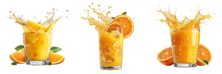 Set of Iced citrus drink with floating orange slices and sparkling droplets suspended in air on transparent png background. Ai generated