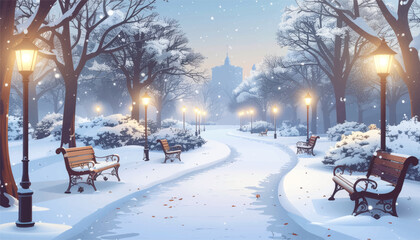 Fototapeta premium Snowy park path glowing under warm winter lamps. Peaceful winter walkway lined with frosted benches. Soft snowfall brightening a serene evening park. Quiet winter path illuminated by cozy streetlights