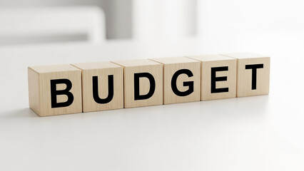 Budget spelled out with wooden blocks on a white surface in a financial planning concept image