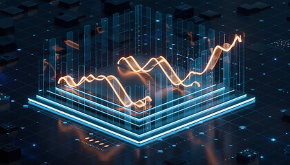Futuristic Financial Data Visualization with Glowing Bar Charts, Dynamic Trend Lines, and Digital Market Analytics Interface in Blue Neon Technology Background