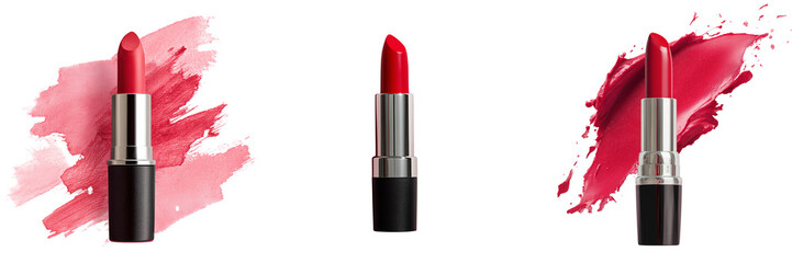 Set of Open black and silver lipstick tube revealing vibrant red shade on transparent png background. Ai generated