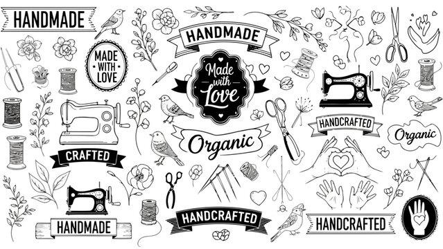 Collection of hand drawn sewing and crafting labels isolated on white background