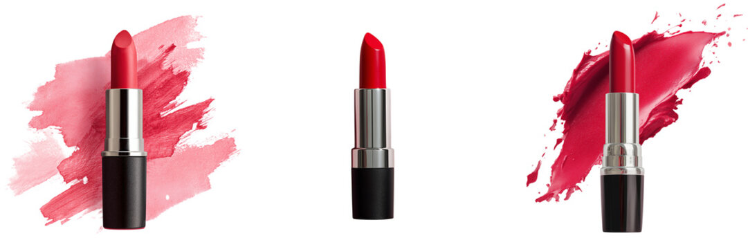 Set of Open black and silver lipstick tube revealing vibrant red shade on transparent png background. Ai generated