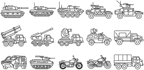 Line art illustration showcasing various military vehicles including tanks and trucks in black and white
