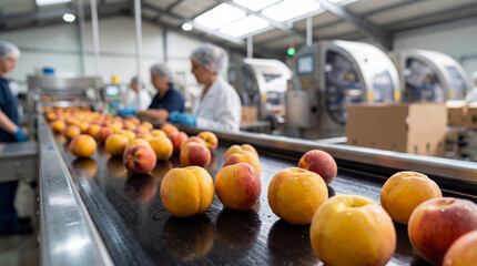 Fresh peaches moving along automated conveyor belt in modern fruit processing facility with workers inspecting quality control