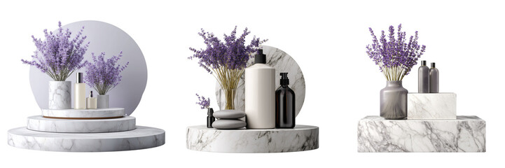 Set of Potted lavender plant with vibrant purple blooms modern light pot on transparent png background. Ai generated
