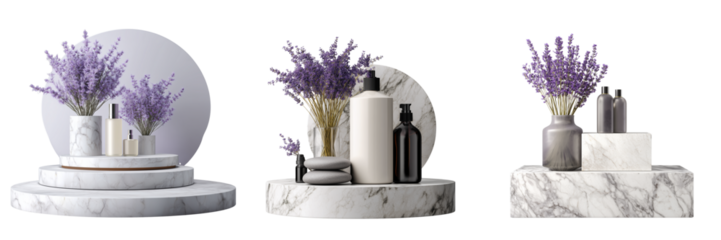 Set of Potted lavender plant with vibrant purple blooms modern light pot on transparent png background. Ai generated