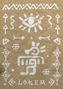 Exotic ethnic symbol fusing african tribal aztec mayan mexican style idol logo icon aesthetics layered over authentic papirus paper material displaying subtle fold marks versatile vector asset.