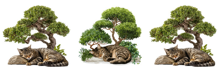 Set of Young cat curled up under a tree branch sunlight dappled on its fur on transparent png background. Ai generated