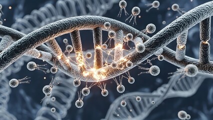 Abstract 3d rendering of dna helix with glowing particles and bubbles