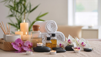 Atmospheric photos of massage therapy with candles, oils, flowers, towels, spa stones, etc.