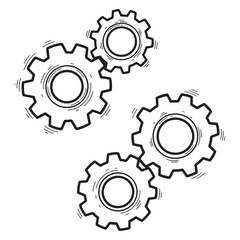 Gears and Cogs Interlocking Design Concept Black and White Hand Drawn Style Illustration of Mechanical Engineering with