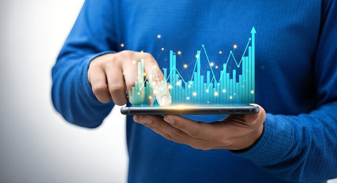 Analyzing Financial Data Businessman Interacts with Digital Stock Charts via Mobile Device
