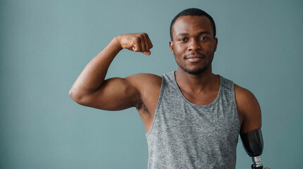 Confident athletic man with arm prosthesis flexing bicep in gray tank top against plain teal background, symbolizing strength and resilience