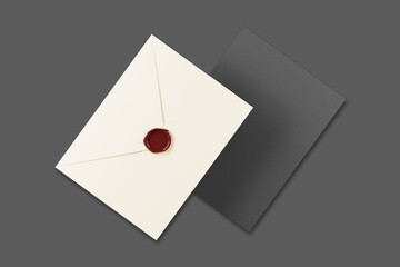 Premium Closed beige envelope with red wax seal mockup isolated on background, classic style stationery for invitation or greeting.3d rendering.