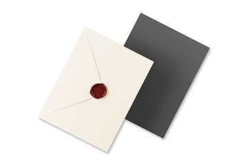 Premium Closed beige envelope with red wax seal mockup isolated on background, classic style stationery for invitation or greeting.3d rendering.