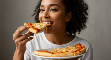 Black woman eating a slice of cheese pizza. Fast food promotion. Delicious snack with melted cheese for street food concept.