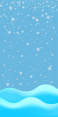 Realistic cartoon snow hills with falling snowflakes and blue sky vertical background. Winter vertical landscape design element with blue snow. Minimal nature composition snowy fields and falling snow