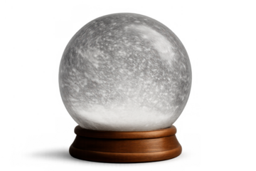 Snow globe with swirling snowflakes and a wooden base, representing winter holidays and christmas magic